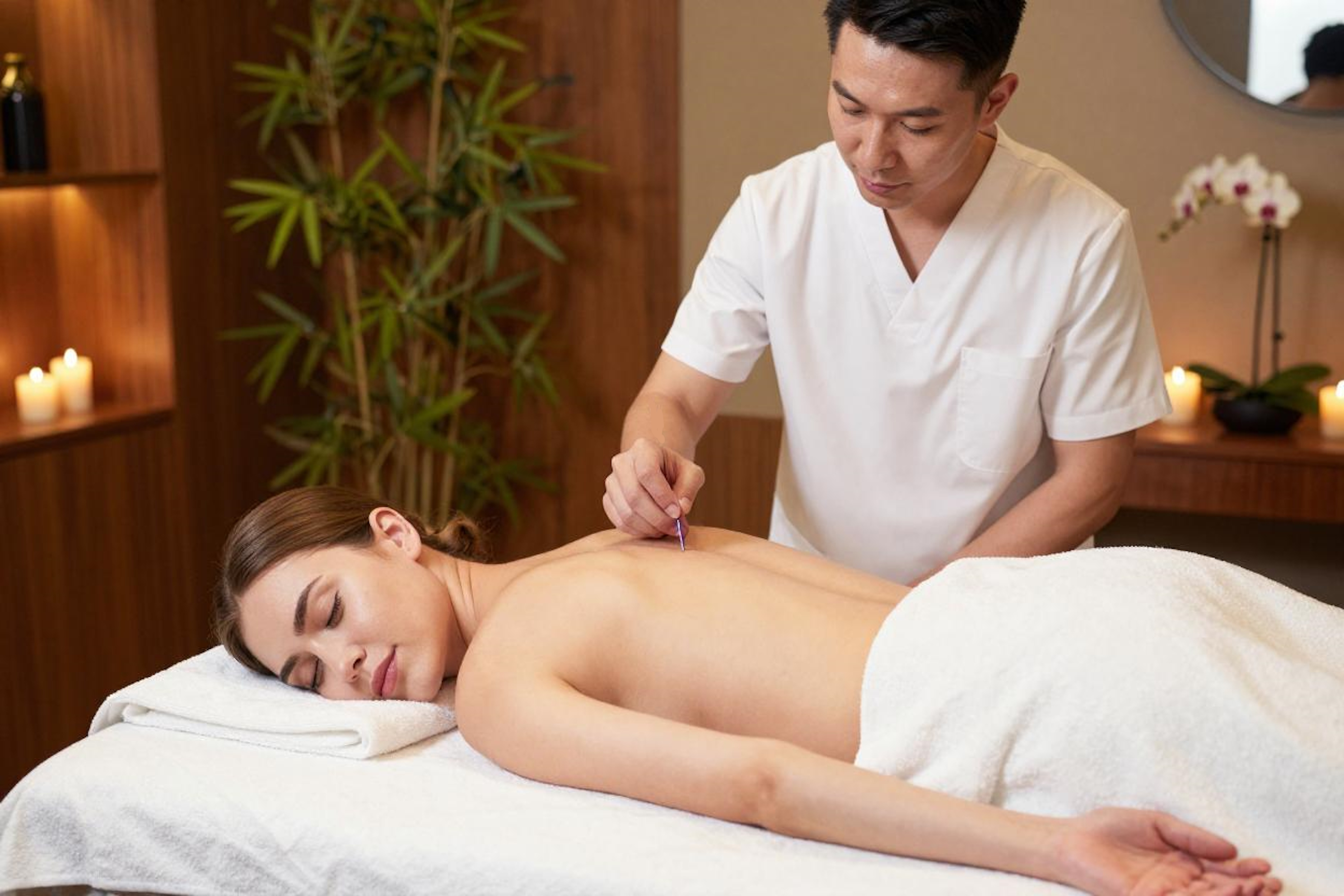 Akupunkteur behandelt Patientin mit SEIRIN J-Type Akupunkturnadeln in stilvollem Spa-Ambiente