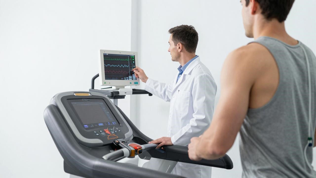 Männlicher Patient mit freiem Oberkörper während EKG-Untersuchung mit Kabeln auf der Haut