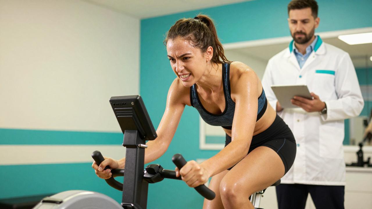 Laktatmessung und Sportdiagnostik: Radfahrerin bei Leistungsdiagnostik auf dem Ergometer
