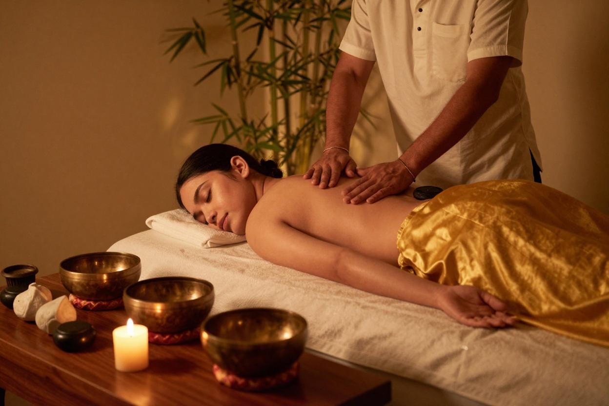 Akupunkturbehandlung in orientalischem Spa-Ambiente mit Klangschalen und Hot Stones