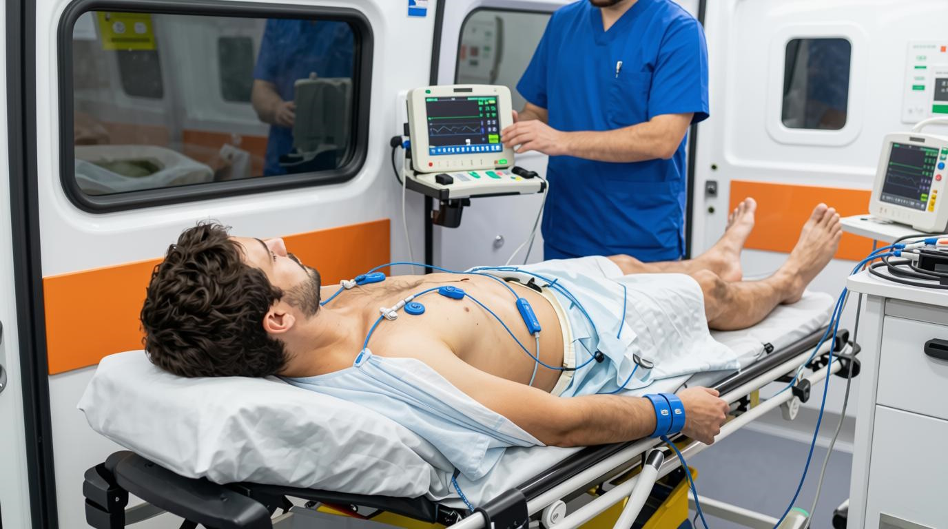 Patient in Rettungswagen mit blauen EKG Elektroden – Notfallmedizinische Anwendung der Ambu BlueSensor bei der EKG-Ableitung