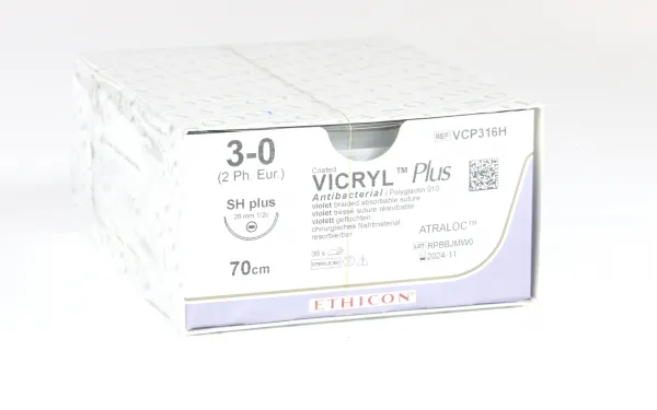 Nahtmaterial VICRYL Plus violett geflochten 4-0, mit Nadel SH-PLUS,70 cm Fadenlnge (3 Dtz.) resorbierbar