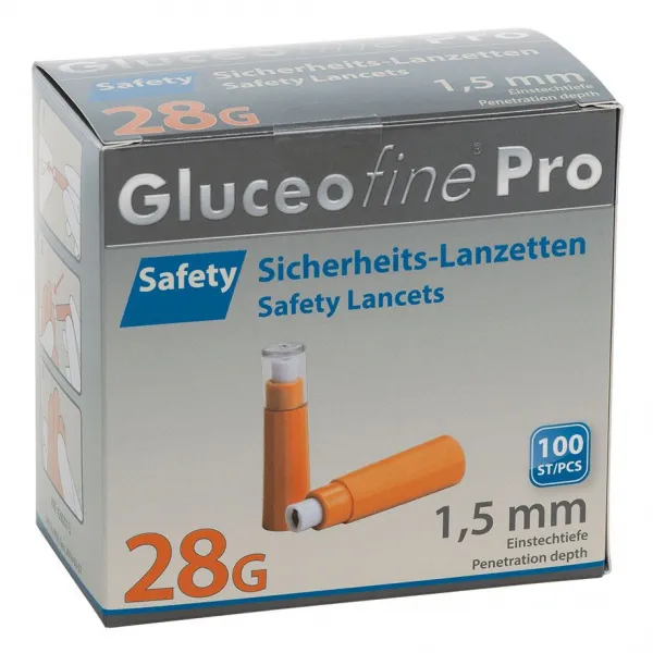 Gluceofine Pro Safety Sicherheits-Blutlanzetten (100 Stck.) 28 G x 1,5 mm Stichteife fr dnne Haut und Kinder