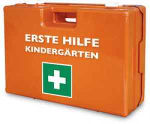 Erste Hilfe-Koffer, Kindergarten, gefllt, DIN13157 +Zusatzausstattung, mit Wandhalterung