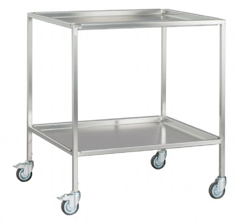 Instrumententisch aus CrNiSt. Edelstahl, mit 2 Ablageplatten  920 x 625 x 800 mm