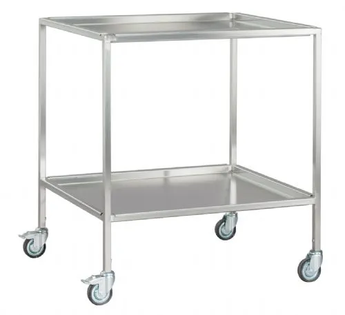 Instrumententisch aus CrNiSt. Edelstahl, mit 2 Ablageplatten  920 x 625 x 800 mm