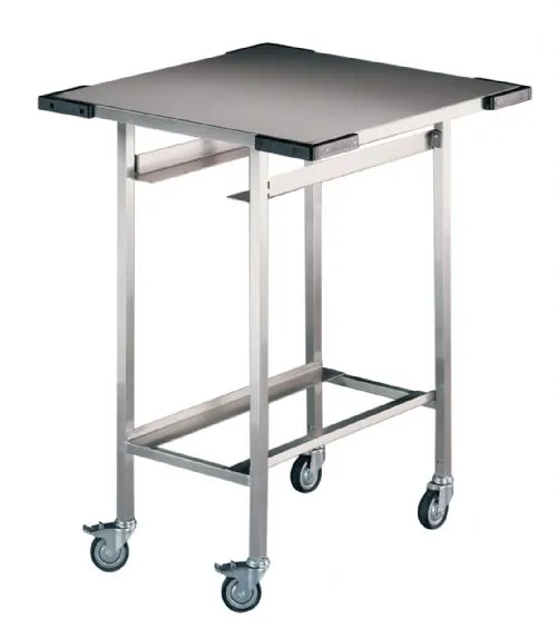 Instrumententisch aus CrNiSt. Edelstahl, fahrbar, mit 1 Ablageplatte, Steril-Bereitstellungstisch 700 x 700 x 900 mm