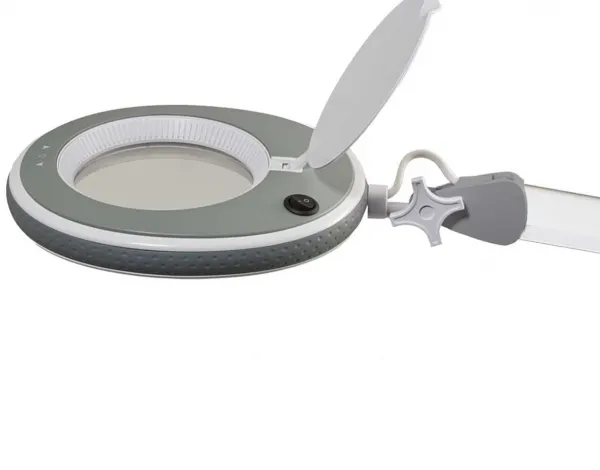 Lumeno LED-Kosmetik-Lupenleuchte 3 Dioptrien in Wei / Grau mit Tischklemme, Modell 8213