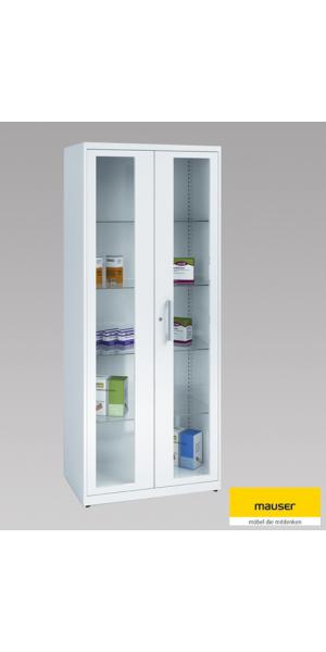 Medikamentenschrank Stahlblech, 2 Türen, Glasfenster, Breite: 800 mm RAL 7035 lichtgrau