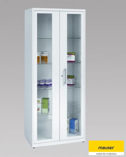Medikamentenschrank Stahlblech, 2 Tren, Glasfenster, Breite: 800 mm RAL 7035 lichtgrau