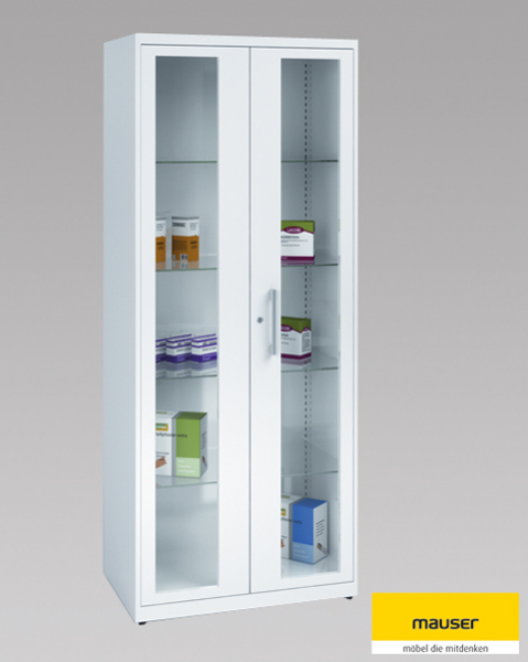 Medikamentenschrank Stahlblech, 2 Tren, Glasfenster, Breite: 800 mm RAL 9010 Wei