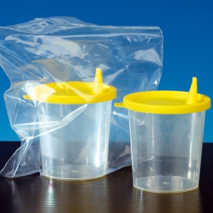 Urinbecher gelbem mit Deckel und Ausgußtülle, einzeln steril verpackt (150 Stück)