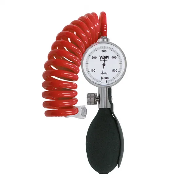 VBM Komprimeter-Handmanometer 600 mmHg, roter Spiral-Verbindungsschlauch und Schnellverschlusskupplung