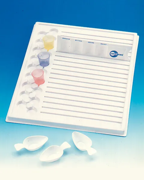 Dispenser-Tablett fr 19 Tablettendispenser und 10 Becher mit Ablagefach