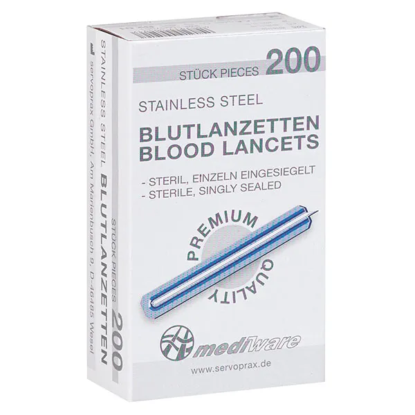 Blutlanzetten Premium Mediware Edelstahl (200 Stck) einzeln steril verpackt