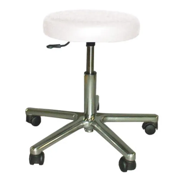 Drehhocker, Gestell Alu-Poliert, fahrbar, Lift 450 - 570 mm, Polster 7 cm, für Hartböden weiß