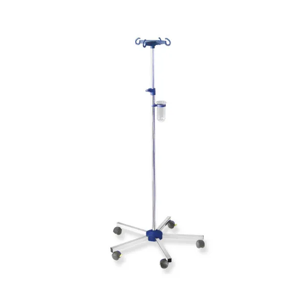 Infusionsständer Edelstahl, Kunststoff Fußkreuz und Flaschenhaken blau, komplett mit Abtropfglas und Halter