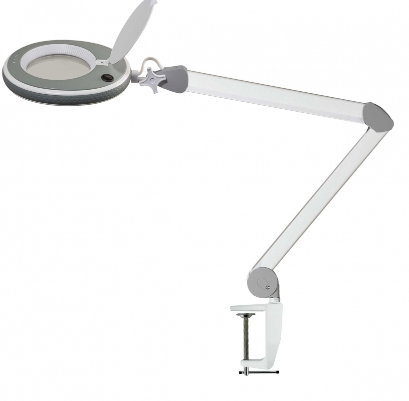 Lumeno LED-Kosmetik-Lupenleuchte 3 oder 5 Dioptrien in Weiß / Grau mit Tischklemme, Modell 8213 / 8215 Lumeno LED-Kosmetik-Lupenleuchte 3 oder 5 Dioptrien in Weiß / Grau mit Tischklemme, Modell 8213 / 8215